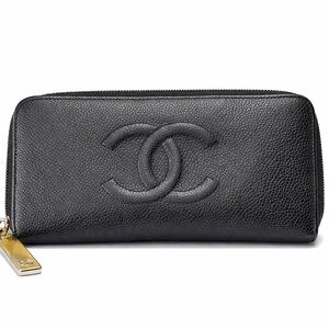 CHANEL CC Logos Caviar Skin Black Leather Zip Around Long Wallet w/ Card
